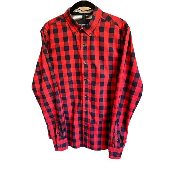 Denim & Flower Ricky Singh Men’s Medium Red Navy Plaid Button Down Shirt Casual - Picture 2 of 7